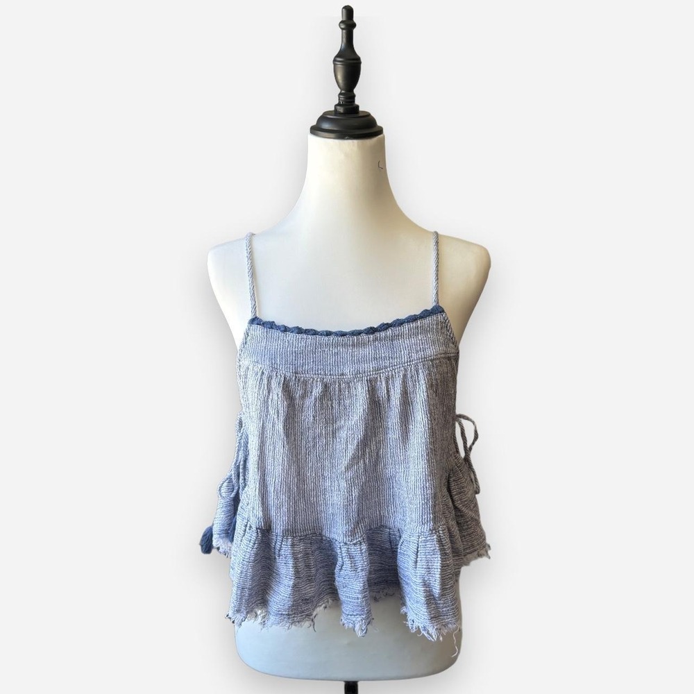 Aerie Blue White Striped Ruffle Babydoll Camisole Top Small Boho Coastal